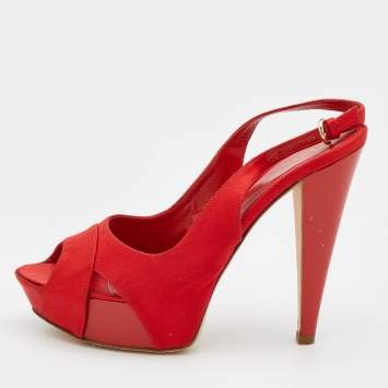 Pre Owned Sergio Rossi Red Satin Open Toe Platform Slingback Sandals Size 40