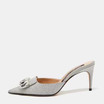 Pre Owned Sergio Rossi Silver Glitter Fabric Crystal Embellished Pointed Toe Mules Size 39.5 