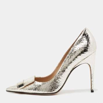 Pre Owned Sergio Rossi Silver Croc Embossed Leather Pumps Size 40