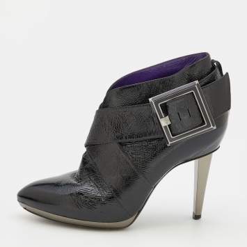 Pre Owned Sergio Rossi Black Patent Leather Buckle Detail Ankle Length Boots Size 37
