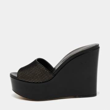 Pre Owned Sergio Rossi Black Mesh and Leather Lakeesha Wedge Slides Sandals Size 37.5