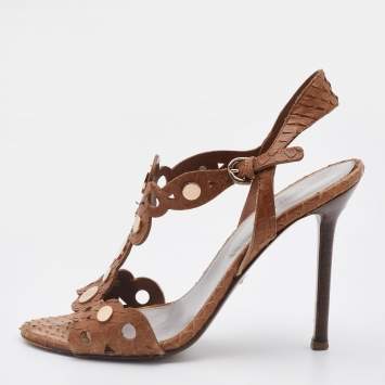 Pre Owned Sergio Rossi Brown Python Embossed Leather T-Strap Sandals Size 37