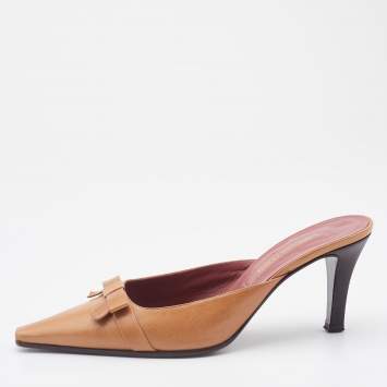 مملوكة مسبقًا Sergio Rossi Light Brown Leather Bow Pointed Toe Mules Size 37
