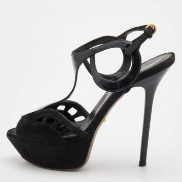 Pre Owned Sergio Rossi Black Suede and Patent Leather Platform Sandals Size 36.5