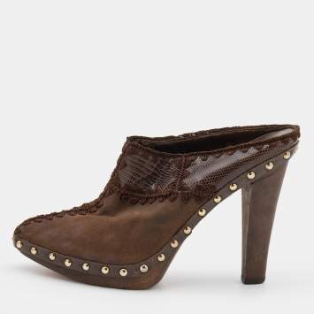 Pre Owned Sergio Rossi Brown Lizard Embossed Leather and Suede Studded Platform Mules Size 37.5