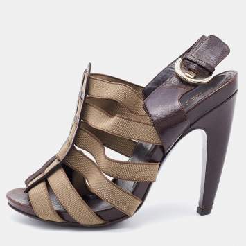 Pre Owned Sergio Rossi Brown/Olive Leather and Elastic Strappy Sandals Size 37