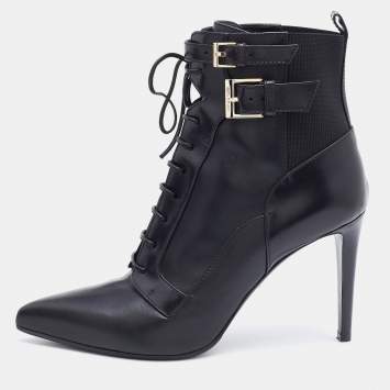 Pre Owned Sergio Rossi Black Leather Buckle Detail Lace Up Ankle Length Boots Size 39