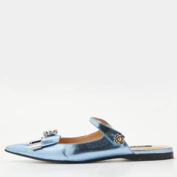 Pre Owned Sergio Rossi Metallic Blue Textured Leather Flower Detail Flat Mules Size 38