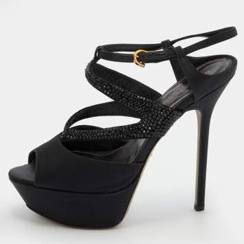 Pre Owned Sergio Rossi Black Satin and Leather Crystal Embellished Platform Sandals Size 36.5