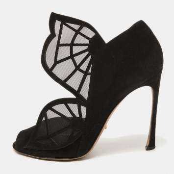 مملوكة مسبقًا Sergio Rossi Black Suede and Mesh Butterfly Peep Toe Pumps Size 38.5