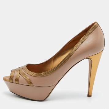 Pre Owned Sergio Rossi Pink/Gold Leather Peep Toe Platform Pumps Size 40.5