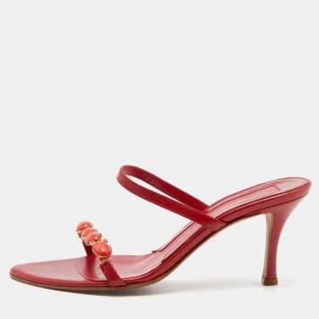 Pre Owned Sergio Rossi Red Leather Crystal Embellished Slide Sandals Size 36