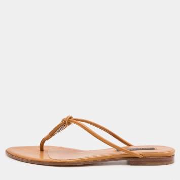 Pre Owned Sergio Rossi Beige Leather Thong Flats Slides Size 36.5