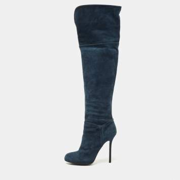 Pre Owned Sergio Rossi Blue Suede Knee Length Boots Size 40.5