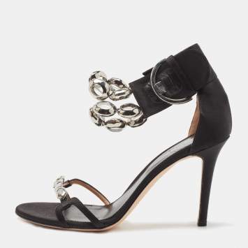 Pre Owned Sergio Rossi Black Satin Crystal Embellished Ankle Strap Sandals Size 38.5