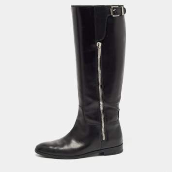 Pre Owned Sergio Rossi Black Leather Buckle Detail Knee Length Boots Size 38.5
