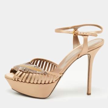 مملوكة مسبقًا Sergio Rossi Light Brown Satin Crystal Embellished Ankle Strap Sandals Size 38.5