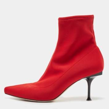 Pre Owned Sergio Rossi Red Knit Fabric Pointed Toe Ankle Booties Size 37.5