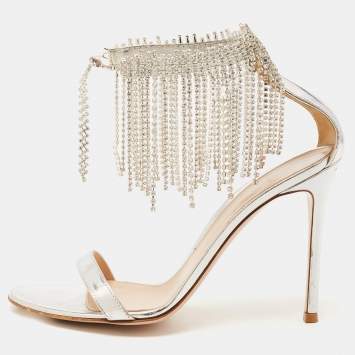 مملوكة مسبقًا Sergio Rossi Silver Leather Crystal Embellished Ankle Strap Sandals Size 39