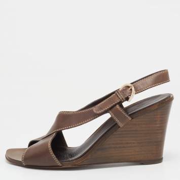 Pre Owned Sergio Rossi Brown Leather Slingback Wedge Sandals Size 38.5