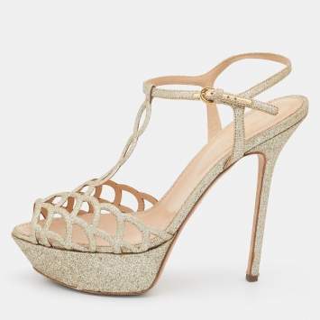 Pre Owned Sergio Rossi Gold Glitter Leather Laser Cut Out Platform Sandals Size 40