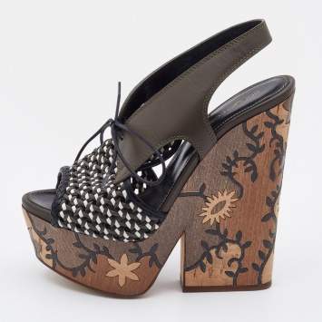 مملوكة مسبقًا Sergio Rossi Multicolor Woven Leather Wedge Lace Up Sandals Size 38