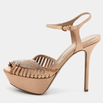 Pre Owned Sergio Rossi Light Brown Satin Crystal Embellished Ankle Strap Sandals Size 35.5