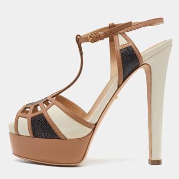 Pre Owned Sergio Rossi Tricolor Suede and Leather T-Strap Platform Sandals Size 36.5