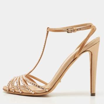 مملوكة مسبقًا Sergio Rossi Gold Crystal Embellished Satin T-Bar Ankle Strap Sandals Size 36