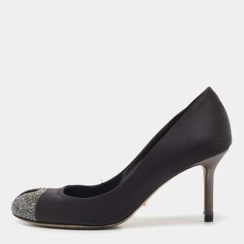 Pre Owned Sergio Rossi Black Satin Crystal Embellished Cap Toe Pumps Size 39