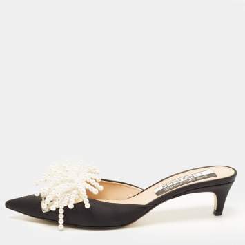 Pre Owned Sergio Rossi x Rosie Assoulin Black Satin Pearl Embellished Mules Size 39.5