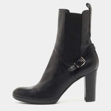 Pre Owned Sergio Rossi Black Leather Buckle Ankle Length Block Heel Boots Size 40.5