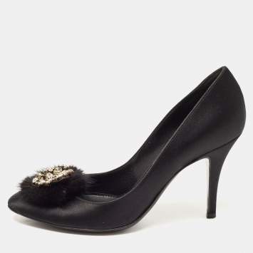 Pre Owned Sergio Rossi Black Satin And Fur Pointed Toe Pumps Size 38