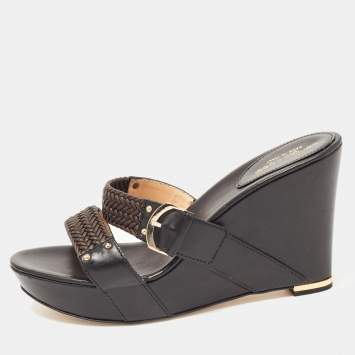 Pre Owned Sergio Rossi Black Leather Wedge Sandals Size 41
