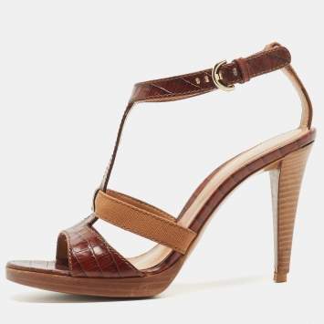 Pre Owned Sergio Rossi Brown Croc Embossed Leather T-Bar Ankle Strap Sandals Size 39.5