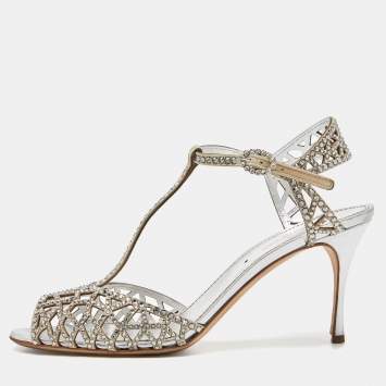 مملوكة مسبقًا Sergio Rossi Silver Crystal Embellished Suede T-Bar Ankle Strap Sandals Size 38