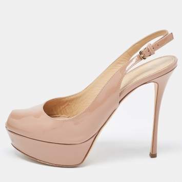 مملوكة مسبقًا Sergio Rossi Beige Patent Leather Peep Toe Platform Slingback Pumps Size 36