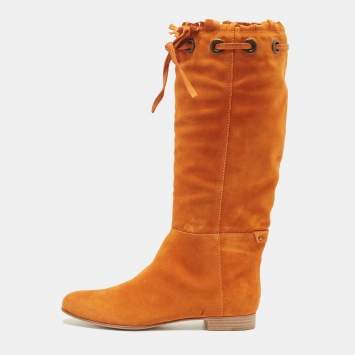 Pre Owned Sergio Rossi Orange Suede Bow Knee Length Boots Size 40
