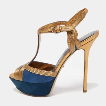 مملوكة مسبقًا Sergio Rossi Navy Blue/Copper Suede and Leather T-Bar Platform Ankle Strap Sandals Size 39