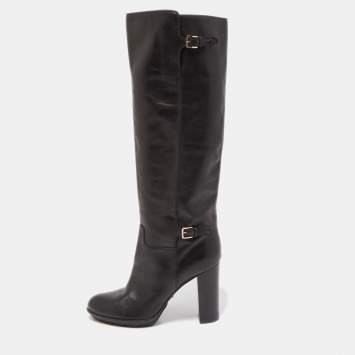 Pre Owned Sergio Rossi Black Leather  Buckle Detail Knee Length Boots Size 38