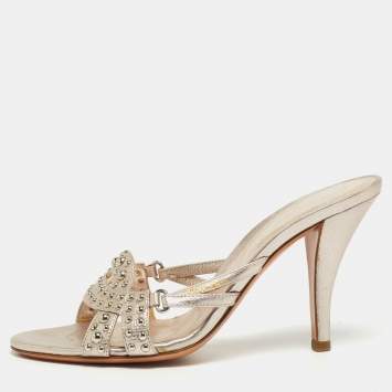 مملوكة مسبقًا Sergio Rossi Metallic Pink Leather Embellished Slide Sandals Size 37.5
