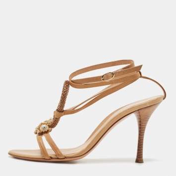 مملوكة مسبقًا Sergio Rossi Brown Leather Crystal Embellished Strappy Sandals Size 38