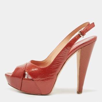 Pre Owned Sergio Rossi Orange Patent Leather Peep Toe Platform Slingback Sandals Size 38