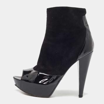 Pre Owned Sergio Rossi Black Patent And Suede Leather Baltimora Peep Toe Platform Ankle Boots Size 39.5