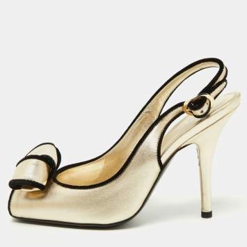 Pre Owned Sergio Rossi Gold Leather Bow Slingback Sandals Size 36