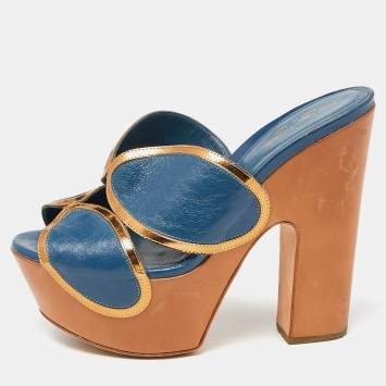 Pre Owned Sergio Rossi Blue Leather Wooden Platform Slide Sandals Size 38