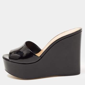 مملوكة مسبقًا Sergio Rossi Black Patent Leather Wedge Platform Slide Sandals Size 37