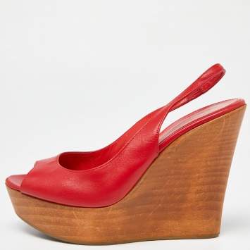 Pre Owned Sergio Rossi Red Leather Platform Wedge Slingback Sandals Size 37.5