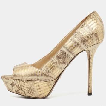 Pre Owned Sergio Rossi Beige/Gold Water Snake Embossed Leather Peep Toe Pumps Size 38.5