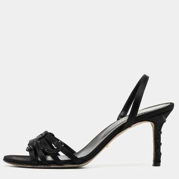 Pre Owned Sergio Rossi Black Satin Embellished Sandals Size 36.5